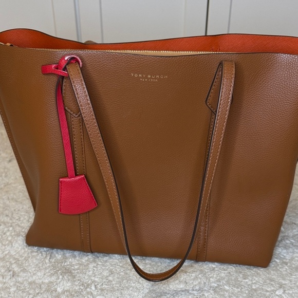Tory Burch Handbags - Tory Burch Perry Triple Compartment Tan Leather Tote with Red Accent